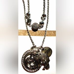 Vintage Bronze Tone Multi-Charm Pendant Necklace - Trunk Up Good Luck Elephant